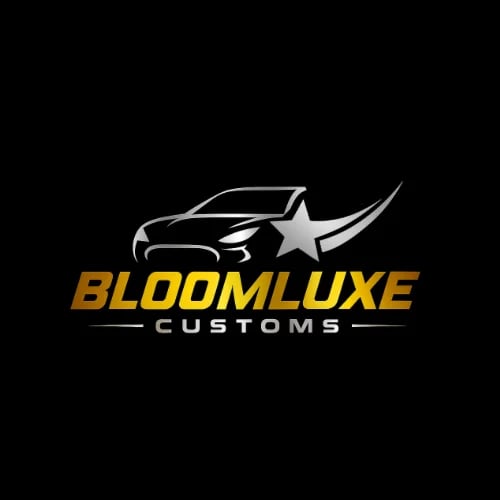 Bloom Luxe Customs logo featuring a stylized car silhouette with a star and swoosh design on black background